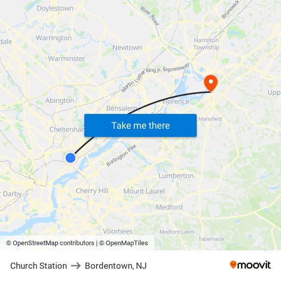 Church Station to Bordentown, NJ map