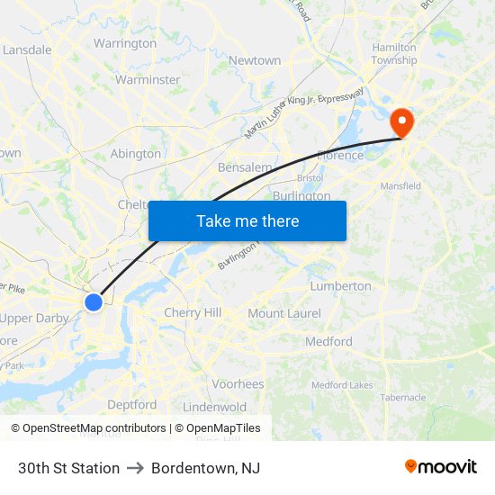 30th St Station to Bordentown, NJ map