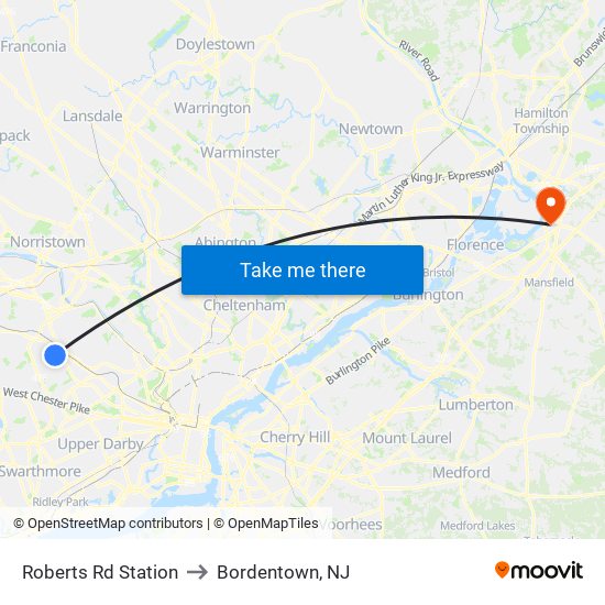Roberts Rd Station to Bordentown, NJ map