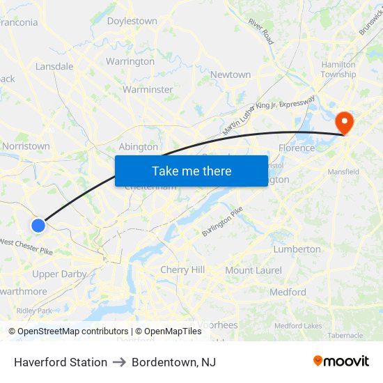 Haverford Station to Bordentown, NJ map