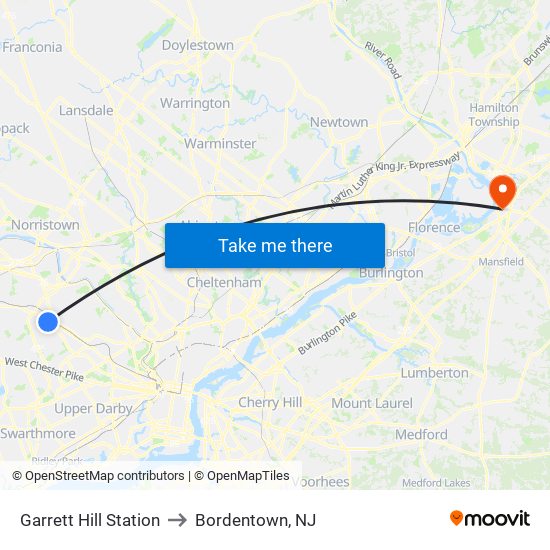 Garrett Hill Station to Bordentown, NJ map