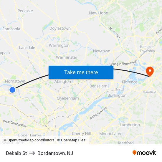 Dekalb St to Bordentown, NJ map