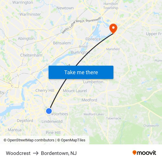 Woodcrest to Bordentown, NJ map