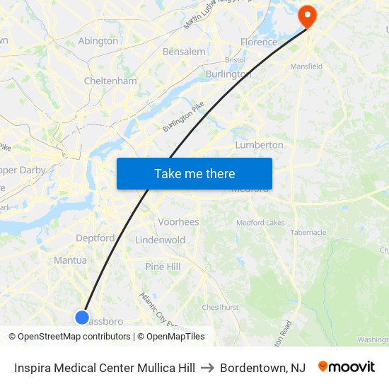 Inspira Medical Center Mullica Hill to Bordentown, NJ map