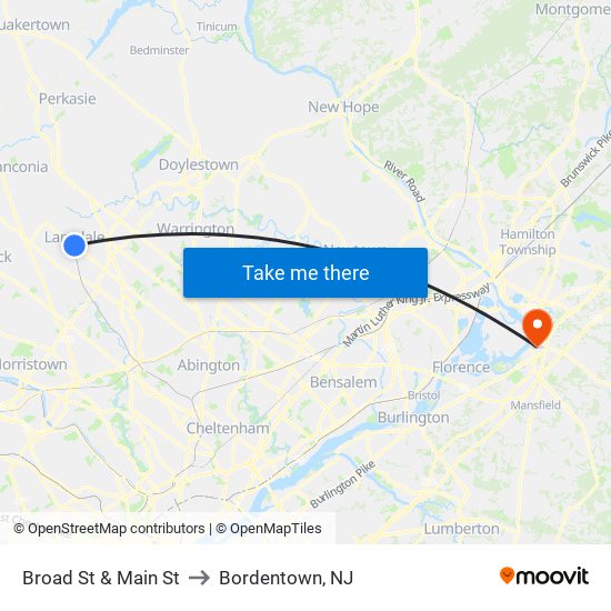Broad St & Main St to Bordentown, NJ map