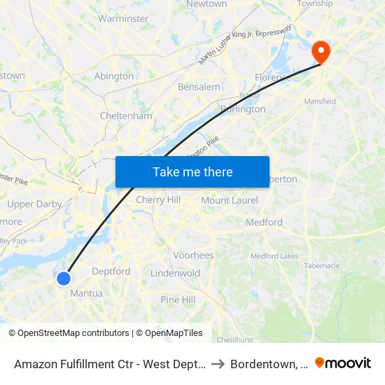 Amazon Fulfillment Ctr - West Deptford to Bordentown, NJ map