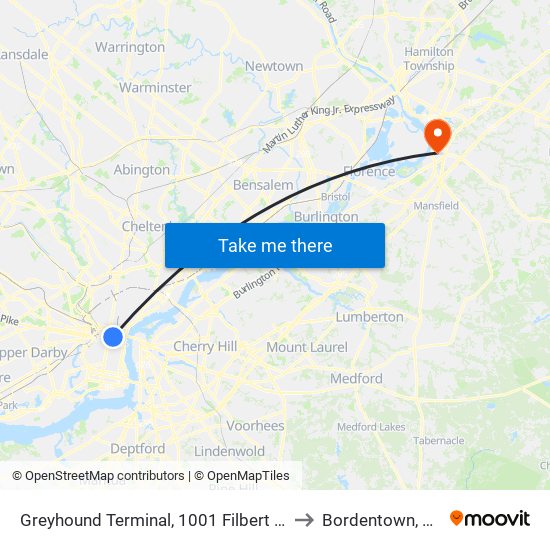 Greyhound Terminal, 1001 Filbert St to Bordentown, NJ map