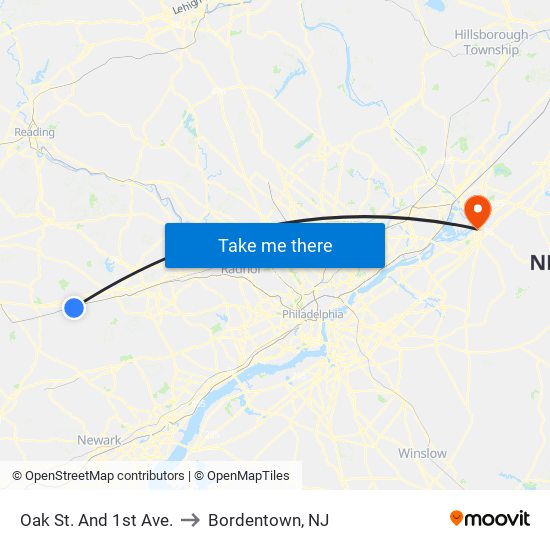 Oak St. And 1st Ave. to Bordentown, NJ map