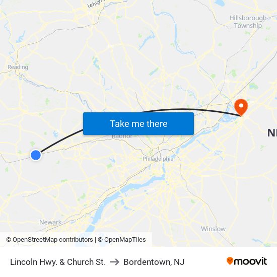 Lincoln Hwy. & Church St. to Bordentown, NJ map