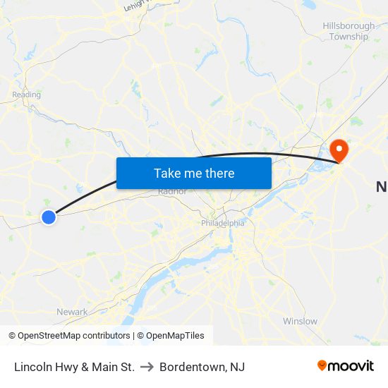 Lincoln Hwy & Main St. to Bordentown, NJ map