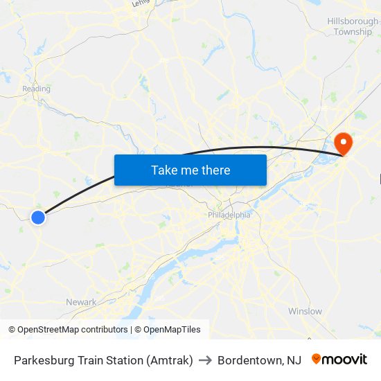 Parkesburg Train Station (Amtrak) to Bordentown, NJ map