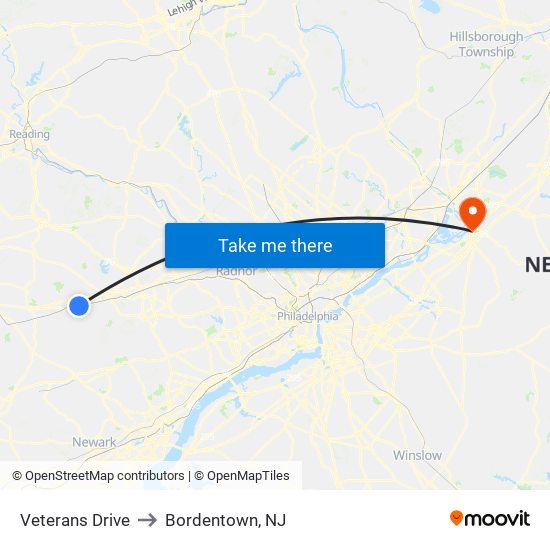 Veterans Drive to Bordentown, NJ map