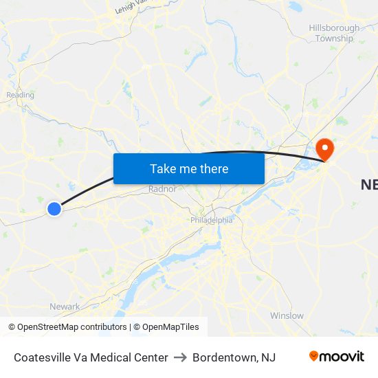 Coatesville Va Medical Center to Bordentown, NJ map