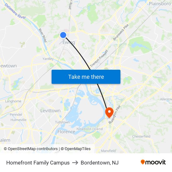 Homefront Family Campus to Bordentown, NJ map