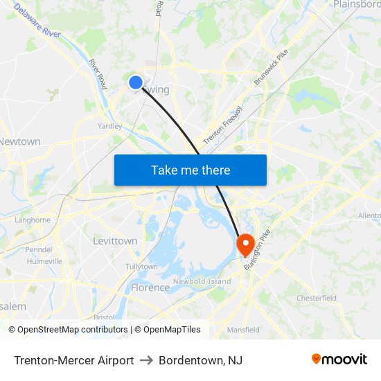Trenton-Mercer Airport to Bordentown, NJ map