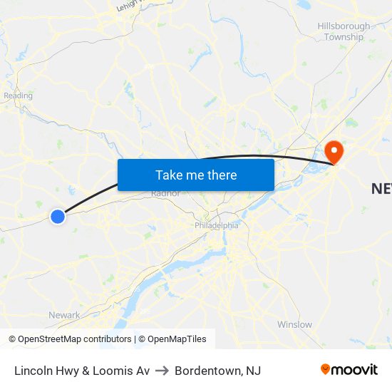 Lincoln Hwy & Loomis Av to Bordentown, NJ map