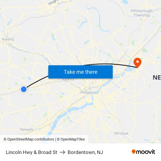 Lincoln Hwy & Broad St to Bordentown, NJ map