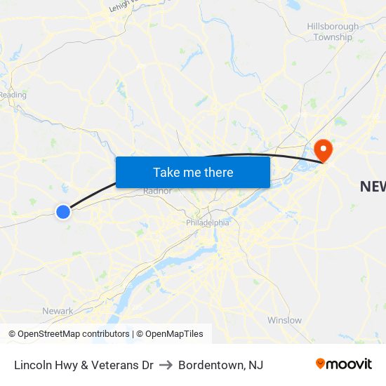 Lincoln Hwy & Veterans Dr to Bordentown, NJ map