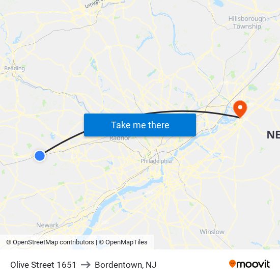 Olive Street 1651 to Bordentown, NJ map