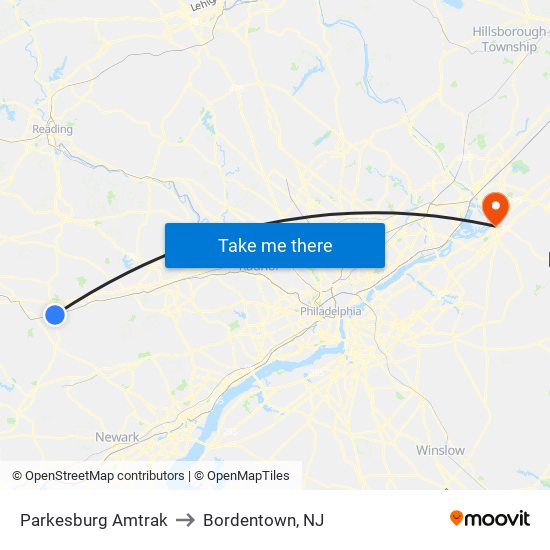 Parkesburg Amtrak to Bordentown, NJ map