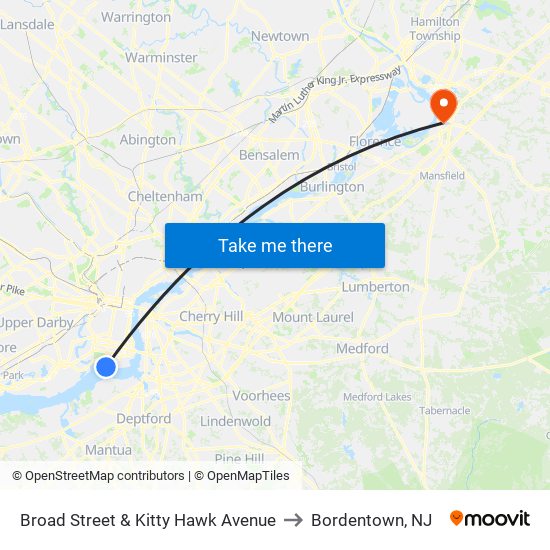Broad Street & Kitty Hawk Avenue to Bordentown, NJ map