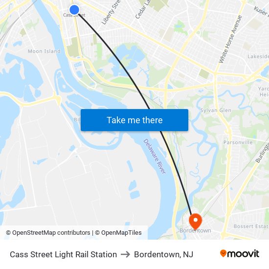 Cass Street Light Rail Station to Bordentown, NJ map