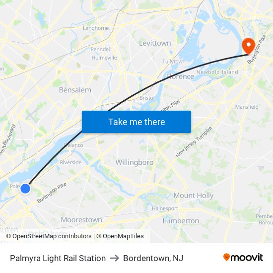 Palmyra Light Rail Station to Bordentown, NJ map