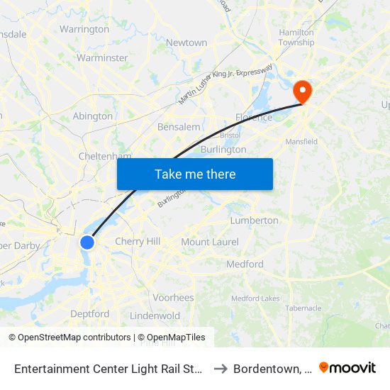 Entertainment Center Light Rail Station to Bordentown, NJ map