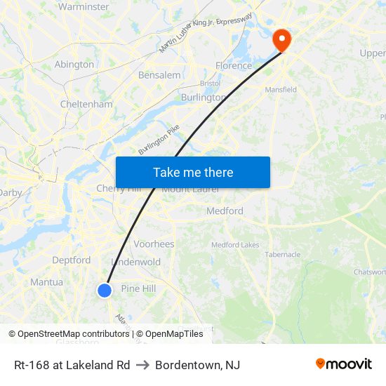 Rt-168 at Lakeland Rd to Bordentown, NJ map