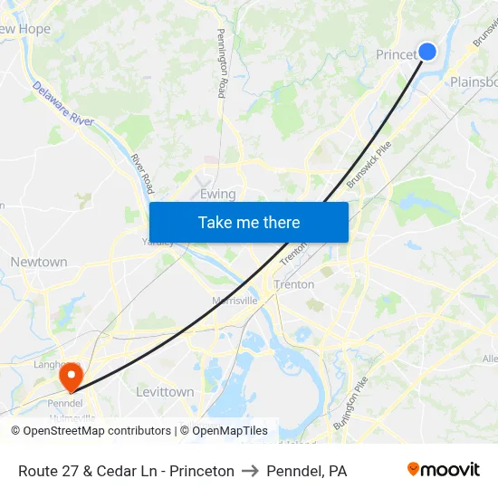 Route 27 & Cedar Ln - Princeton to Penndel, PA map