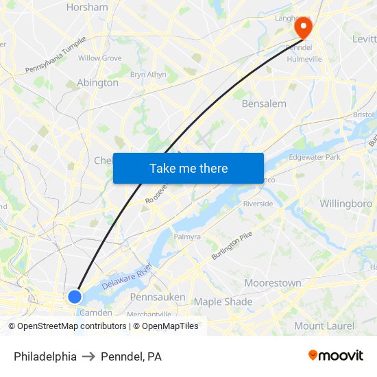 Philadelphia to Penndel, PA map