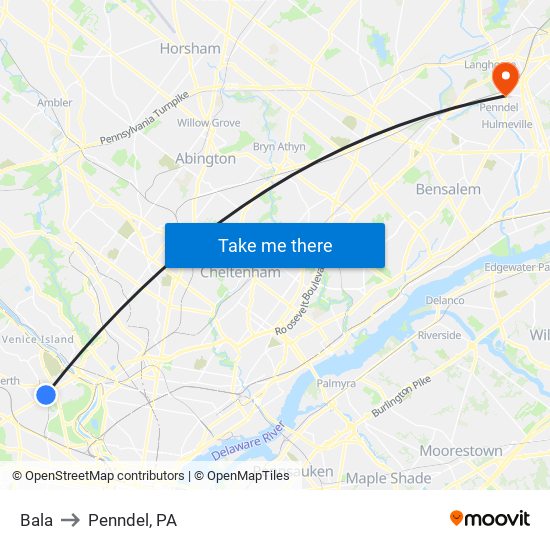 Bala to Penndel, PA map