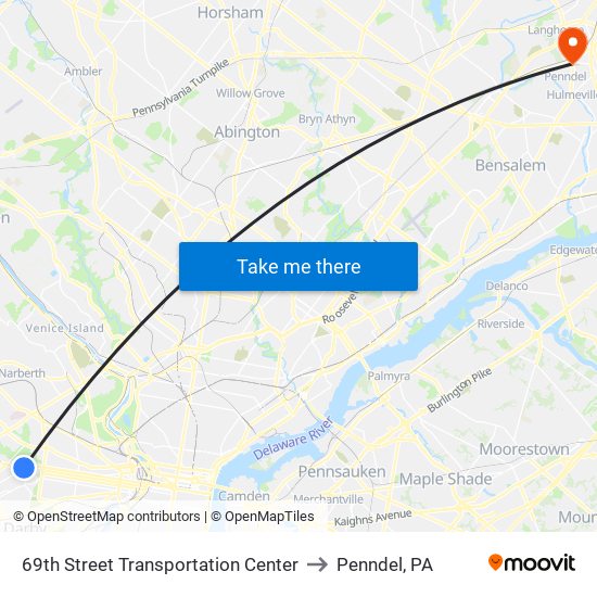 69th Street Transportation Center to Penndel, PA map