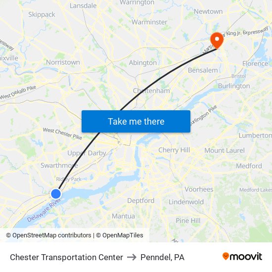 Chester Transportation Center to Penndel, PA map