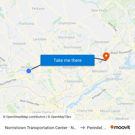 Norristown Transportation Center - Nhsl to Penndel, PA map