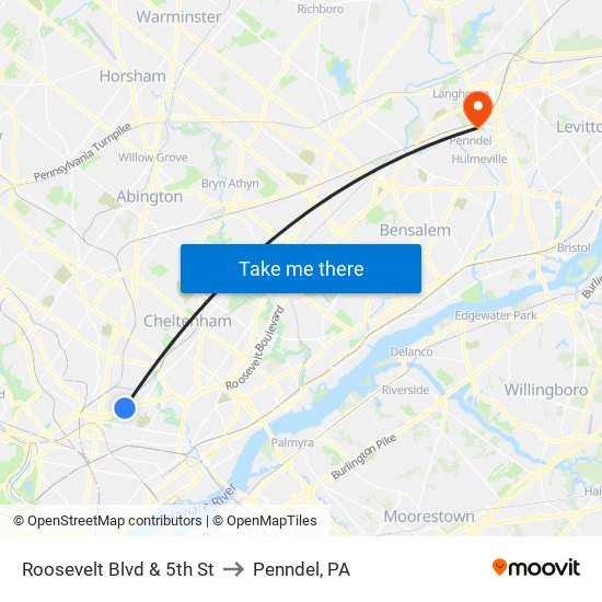 Roosevelt Blvd & 5th St to Penndel, PA map
