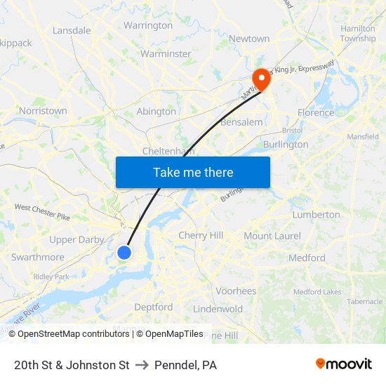 20th St & Johnston St to Penndel, PA map