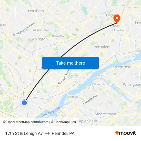17th St & Lehigh Av to Penndel, PA map