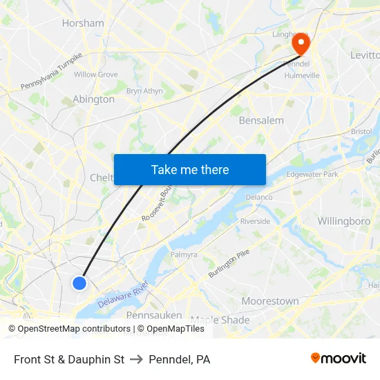 Front St & Dauphin St to Penndel, PA map