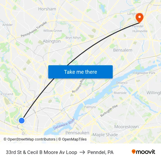 33rd St & Cecil B Moore Av Loop to Penndel, PA map