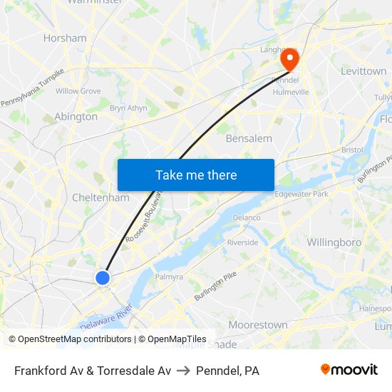 Frankford Av & Torresdale Av to Penndel, PA map