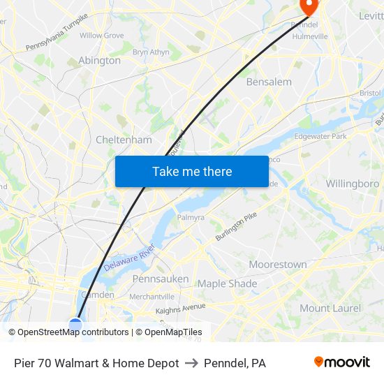 Pier 70 Walmart & Home Depot to Penndel, PA map