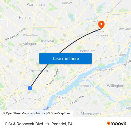 C St & Roosevelt Blvd to Penndel, PA map