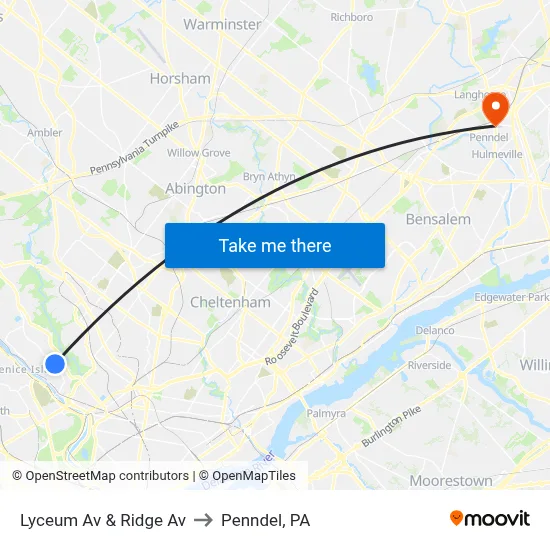Lyceum Av & Ridge Av to Penndel, PA map