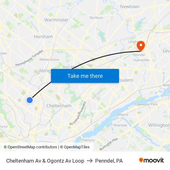 Cheltenham Av & Ogontz Av Loop to Penndel, PA map