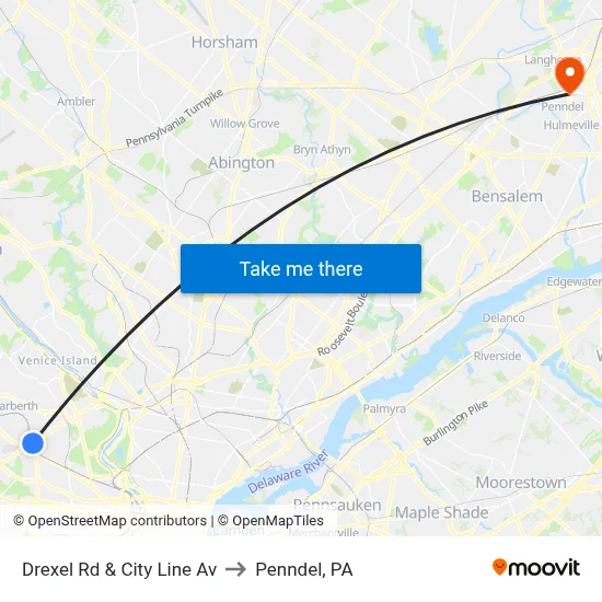Drexel Rd & City Line Av to Penndel, PA map