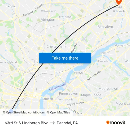 63rd St & Lindbergh Blvd to Penndel, PA map