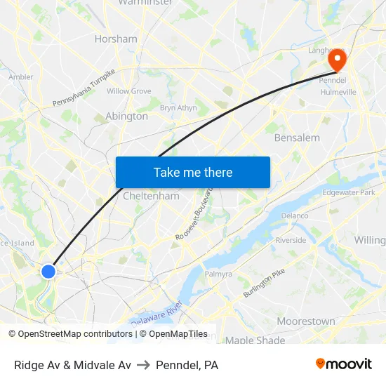 Ridge Av & Midvale Av to Penndel, PA map