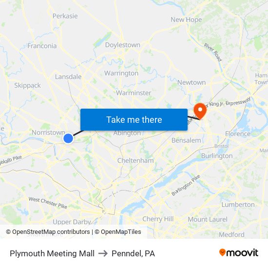 Plymouth Meeting Mall to Penndel, PA map