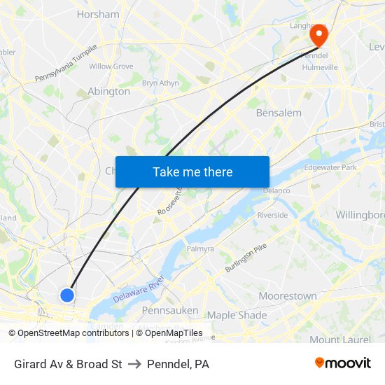 Girard Av & Broad St to Penndel, PA map